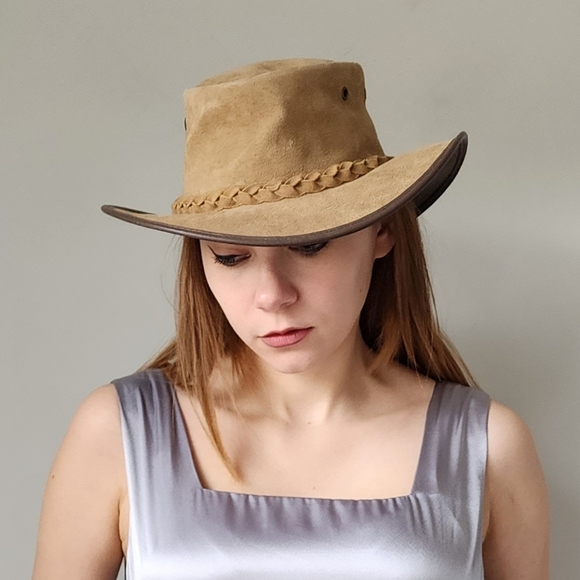 Vintage Distressed Suede Cowhide Tan Brown Hiker Brim Hat with Vents - Picture 1 of 10